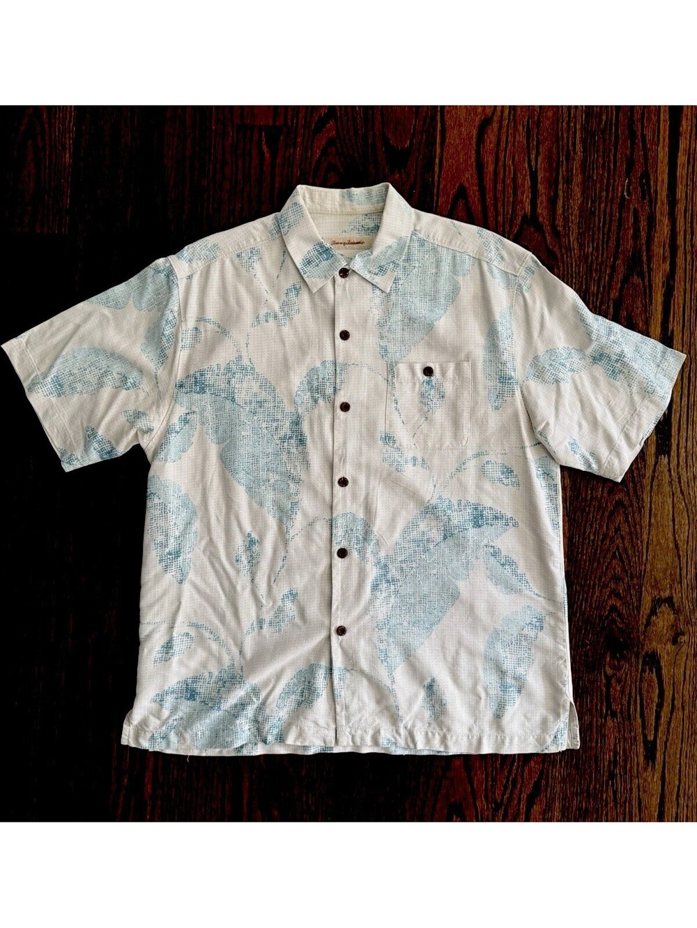 Tommy Bahama Men’s XL 100% Silk Hawaiian Shirt Ivory Blue Tropical Short Sleeve